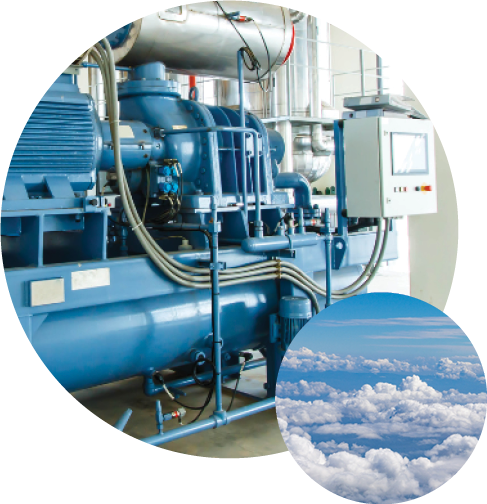 two circle images one of an industrial refrigerants system and another of a blue sky