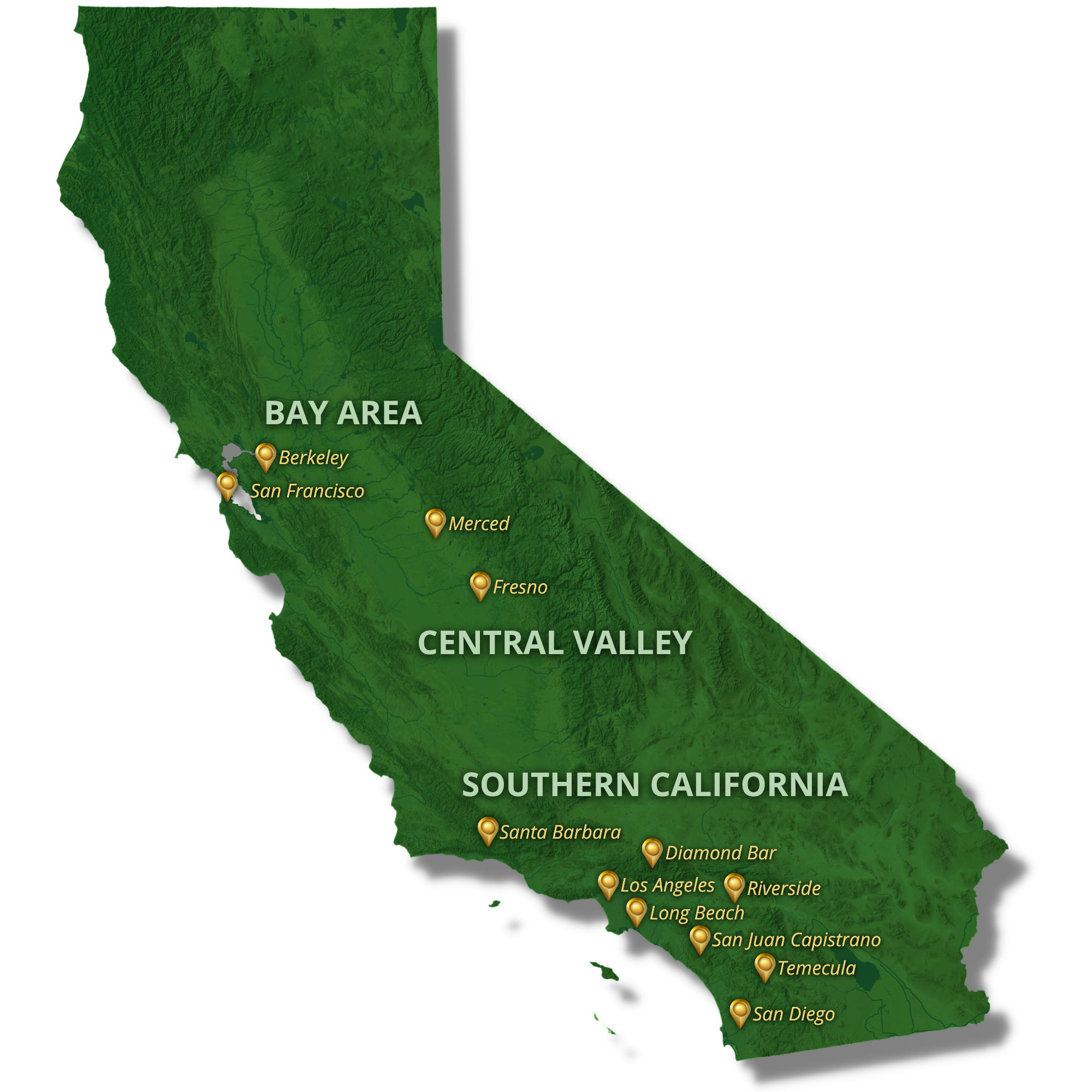 Yorke Map - 2026 Map of California with various office locations identified on the map. The list of office locations is identified in the live text list above this image.
